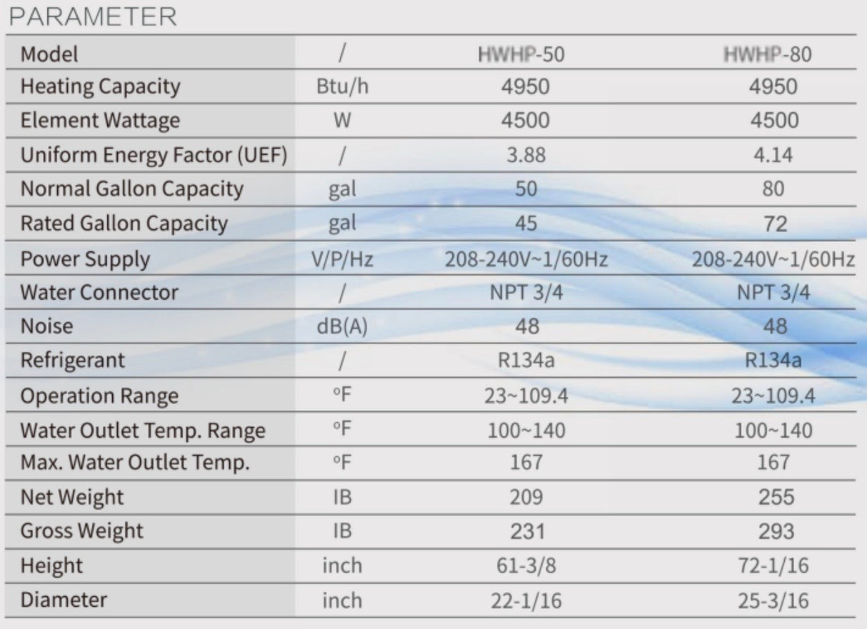 Arctic Domestic Hot Water Heat Pump - 80 Gallon & 50 Gallon