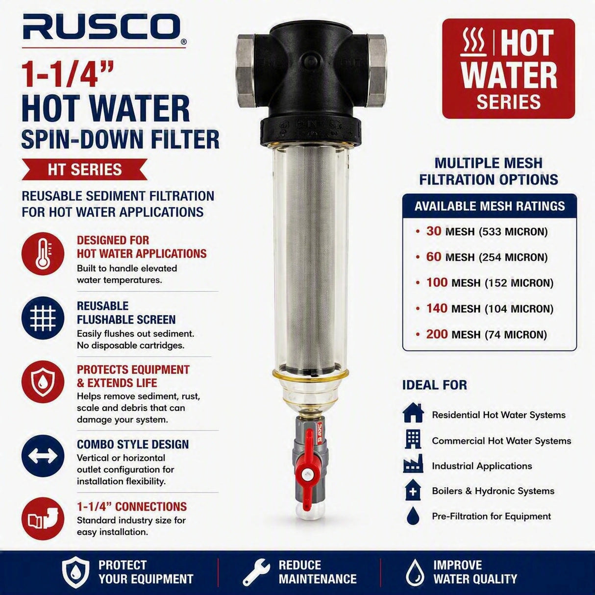 Rusco 1-1/4" Hot Water Spin-Down Filter | High Temperature Sediment Filtration