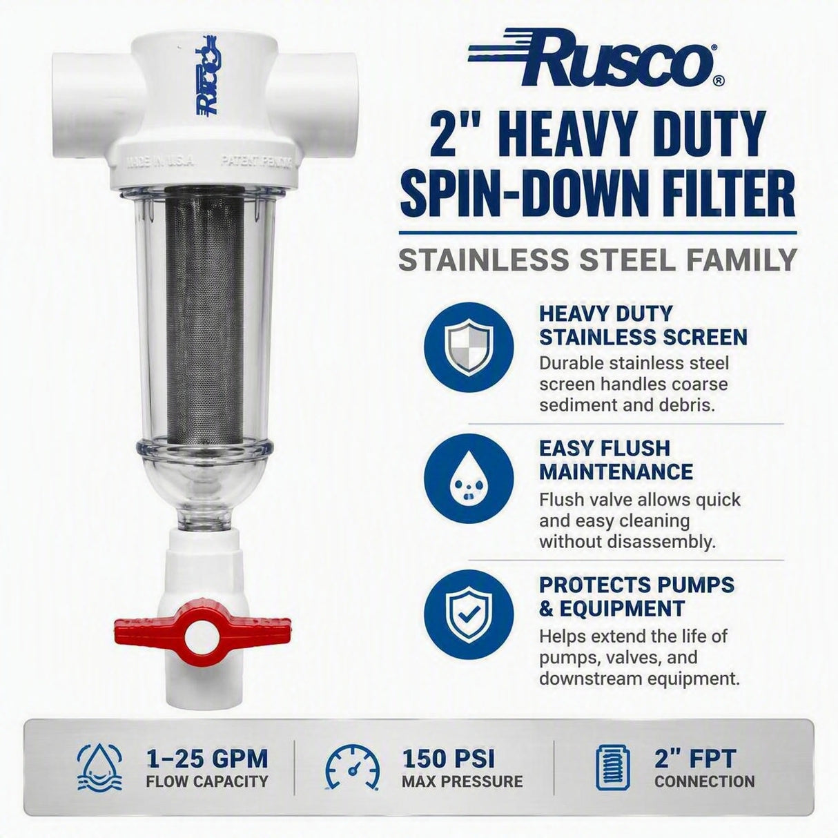 Rusco 2" Heavy Duty Spin-Down Filter | Stainless Steel & Chemical Resistant Models