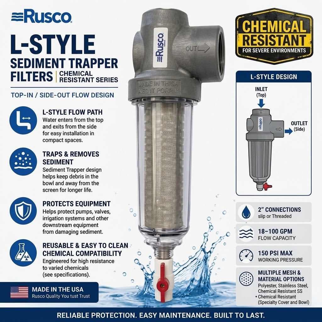 Rusco 2" L-Style Sediment Trapper Filters - Top-In Side-Out Filtration Systems