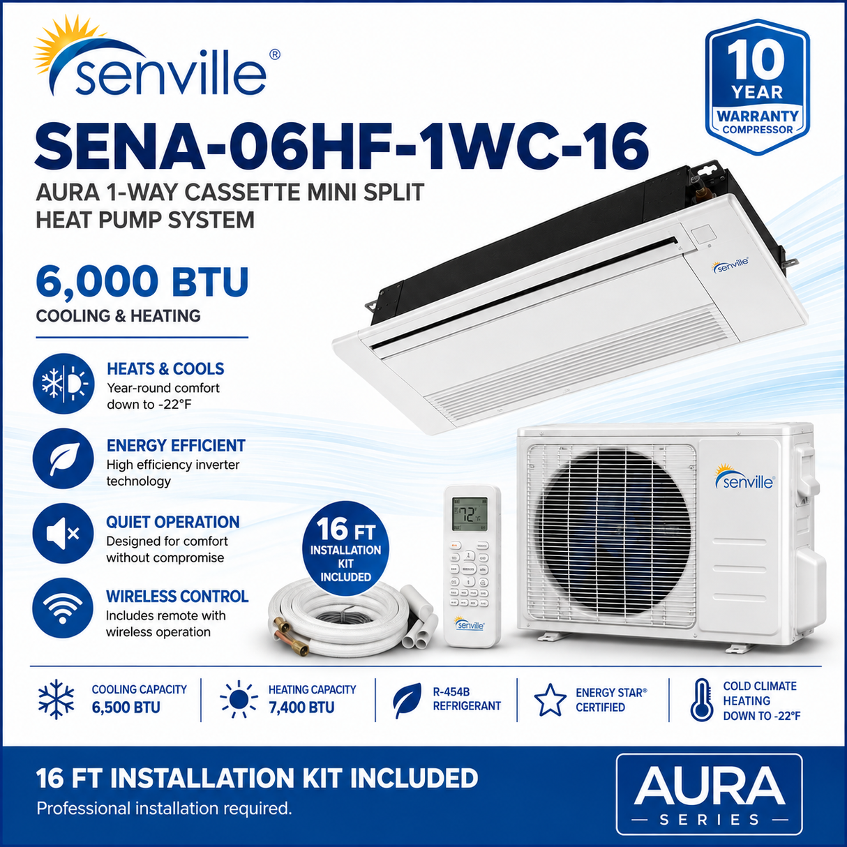 Senville AURA 1-Way Cassette Mini Split Heat Pumps | 6K–18K BTU