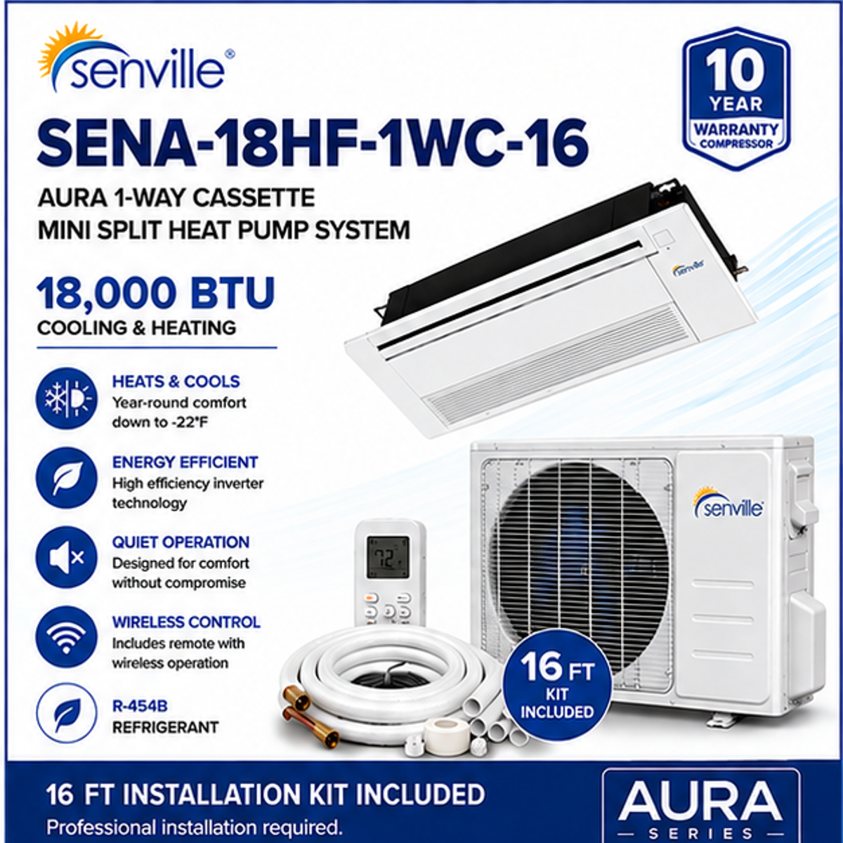 Senville AURA 1-Way Cassette Mini Split Heat Pumps | 6K–18K BTU