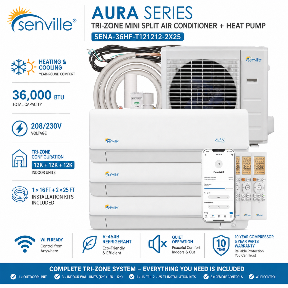 Senville AURA SENA-36HF-T 36,000 BTU Tri-Zone mini split AC Heat Pump systems