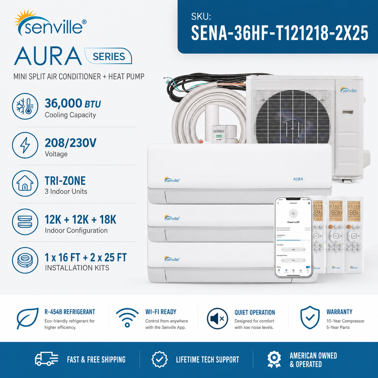 Senville AURA SENA-36HF-T 36,000 BTU Tri-Zone mini split AC Heat Pump systems