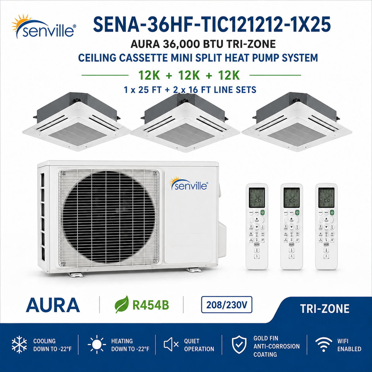 Senville AURA 36,000 BTU Tri-Zone Ceiling Cassette Mini Split Heat Pump – 23 SEER2