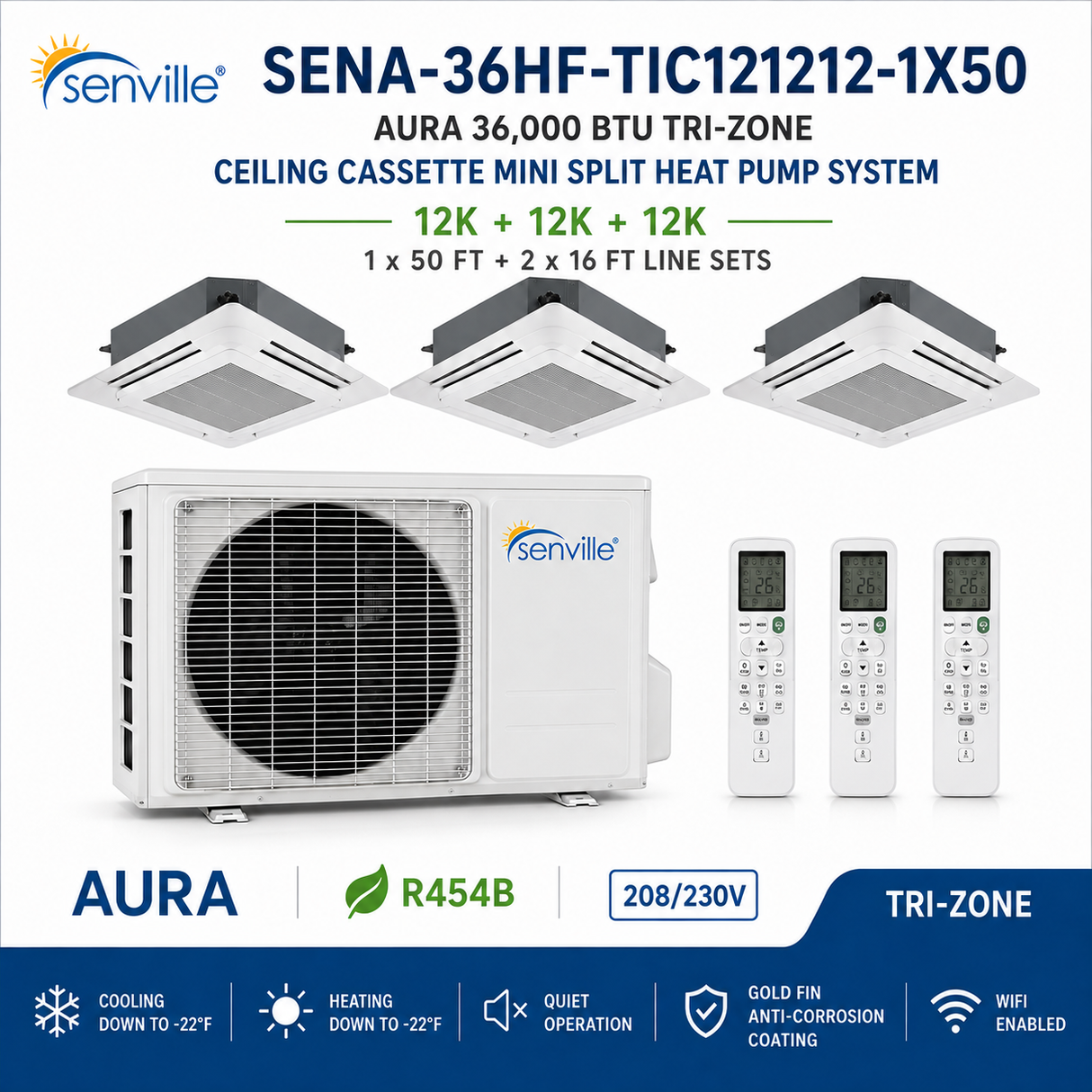 Senville AURA 36,000 BTU Tri-Zone Ceiling Cassette Mini Split Heat Pump – 23 SEER2