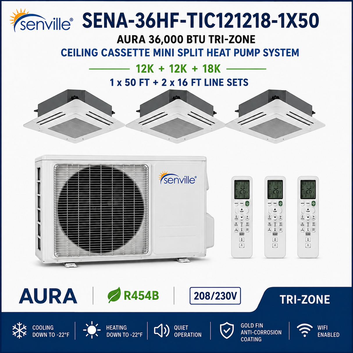 Senville AURA 36,000 BTU Tri-Zone Ceiling Cassette Mini Split Heat Pump – 23 SEER2