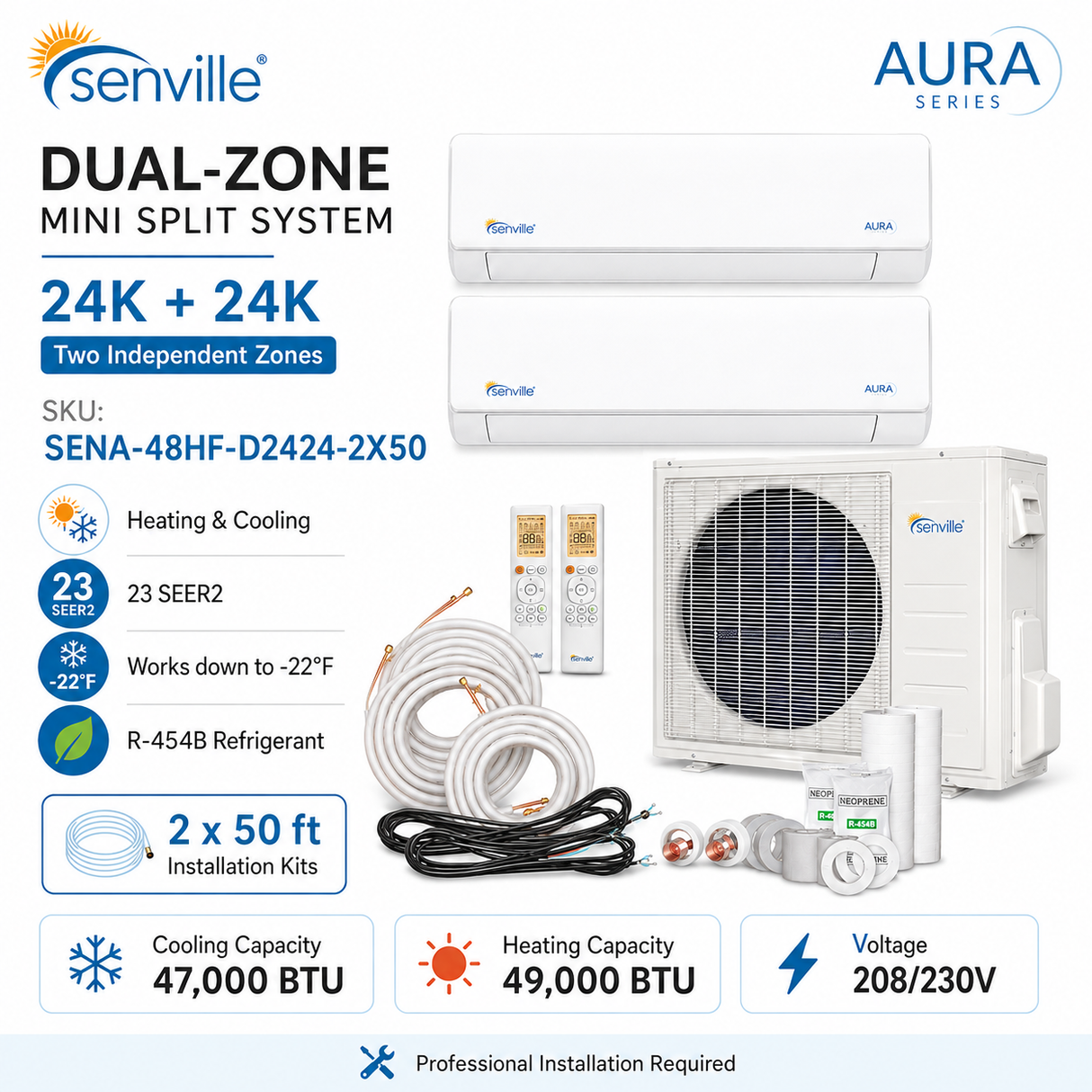 Senville AURA 48,000 BTU Dual-Zone Mini Split Heat Pump | SENA-48HF/D