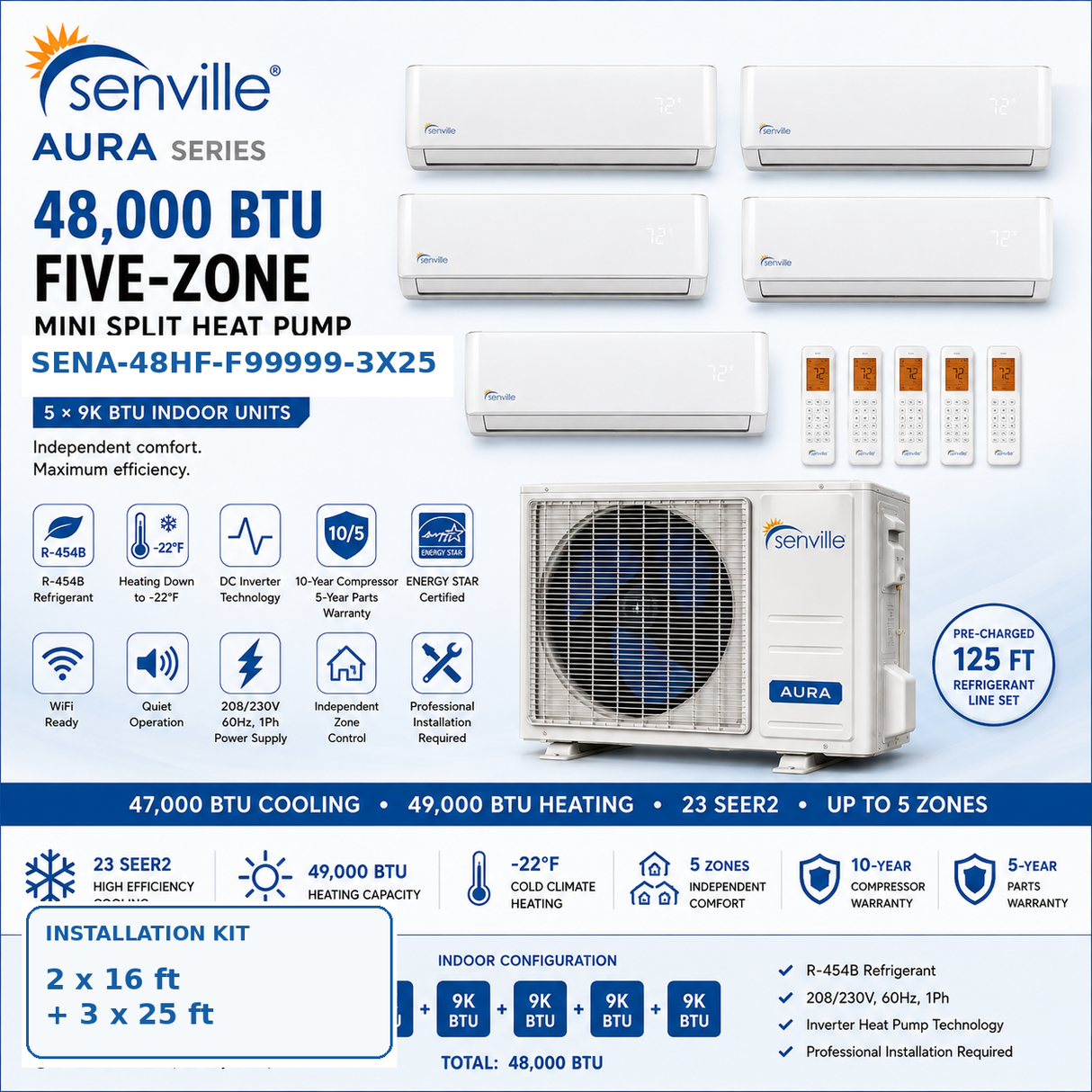 Senville AURA 48,000 BTU Five-Zone Mini Split Heat Pump | SENA-48HF/F