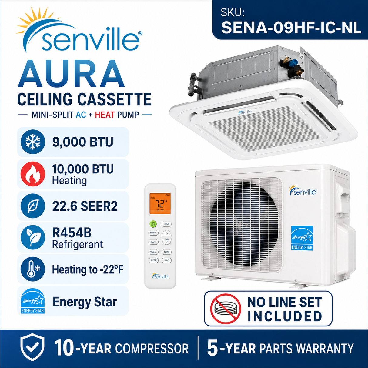 Senville AURA Ceiling Cassette Mini Split Heat Pumps | ENERGY STAR R-454B