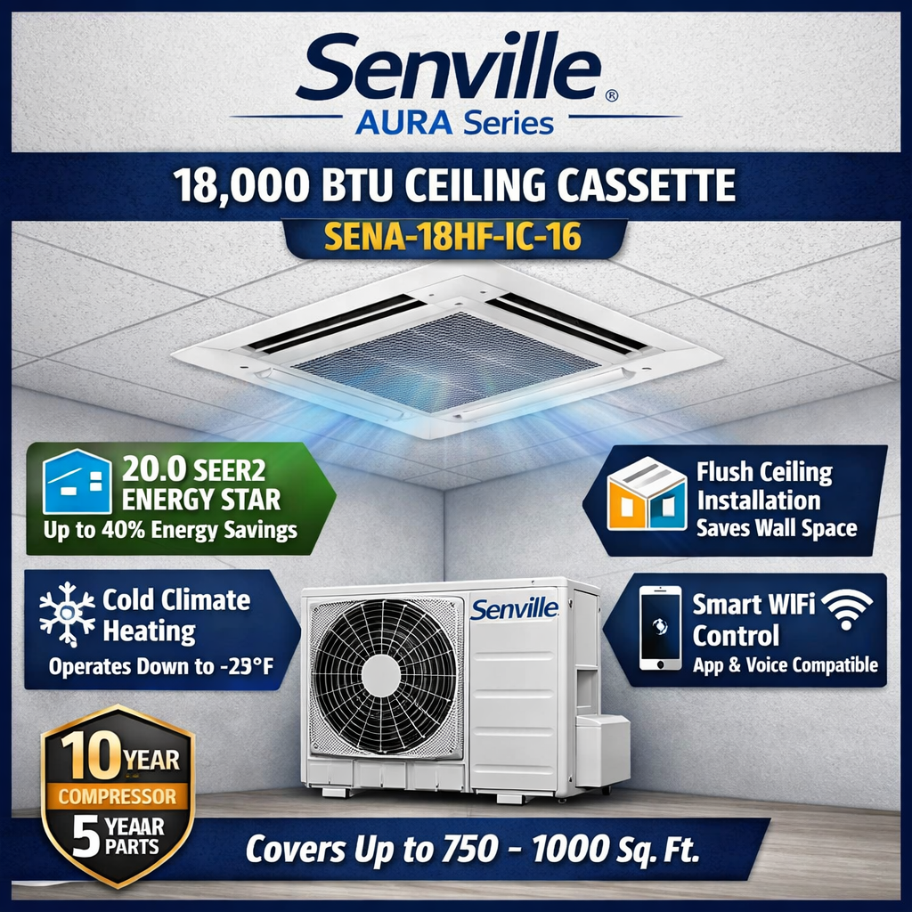 Senville AURA Ceiling Cassette Mini Split Heat Pumps | ENERGY STAR R-454B