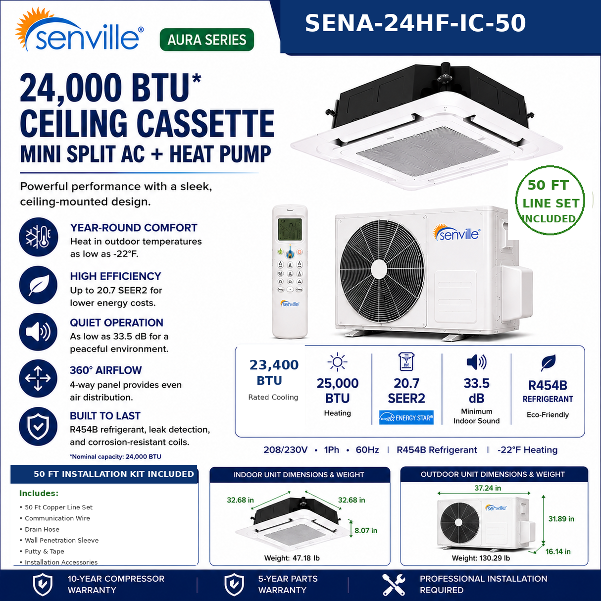 Senville AURA Ceiling Cassette Mini Split Heat Pumps | ENERGY STAR R-454B