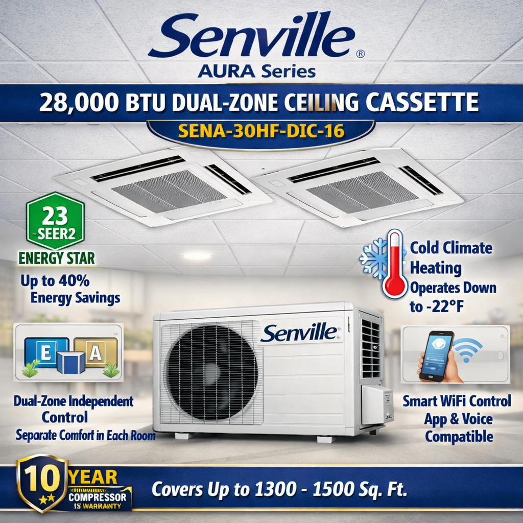 Senville AURA Ceiling Cassette Mini Split Heat Pumps | ENERGY STAR R-454B