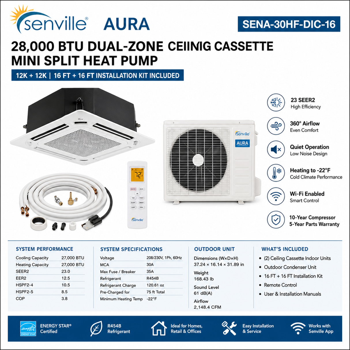 Senville SENA 28000 BTU Dual Zone Ceiling Air Conditioner - Heat Pump