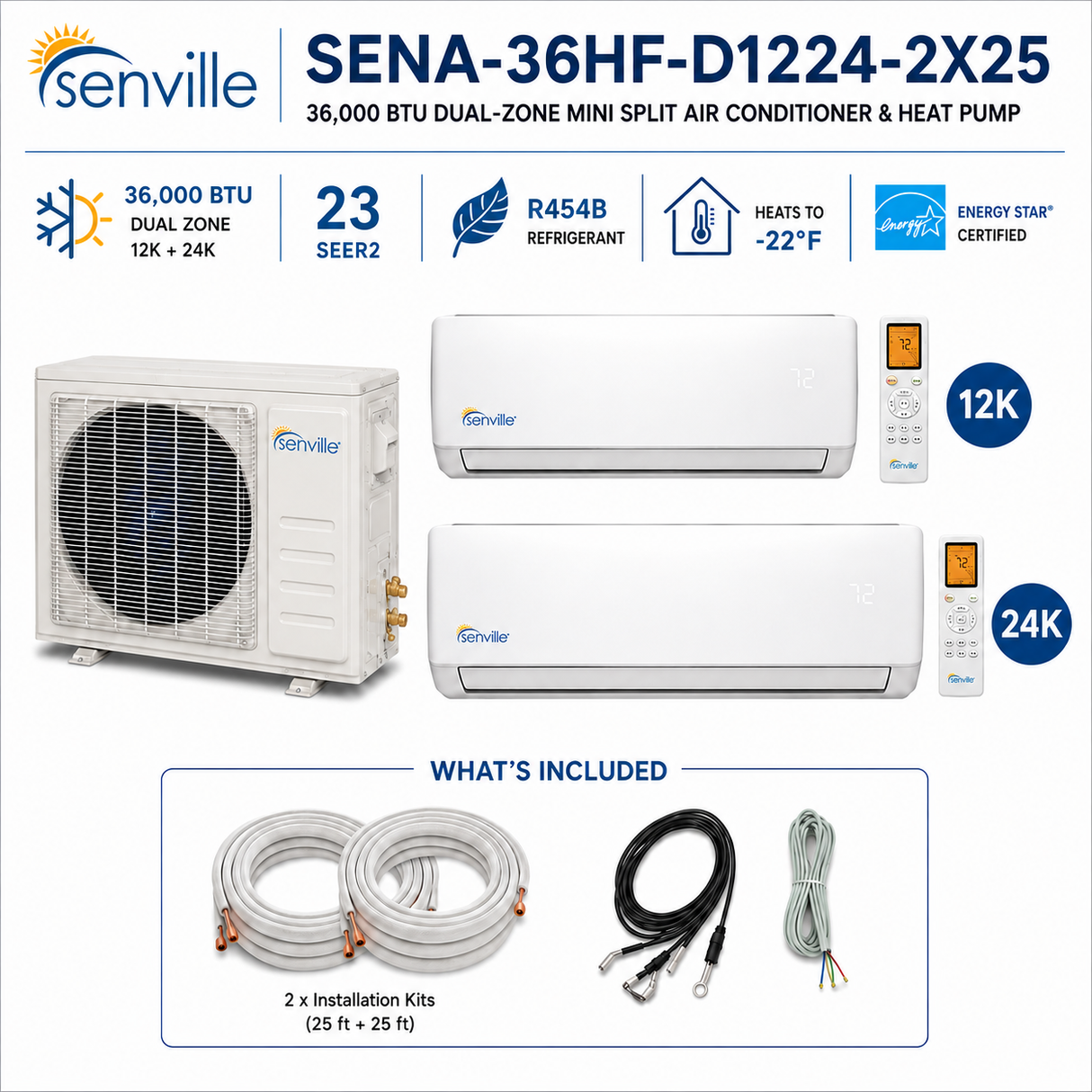 Senville AURA SENA-36HF-D Series 36,000 BTU dual-zone mini split AC Heat Pump