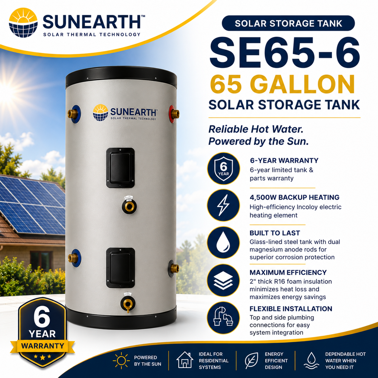 SunEarth SE 65/80/120‑Gallon Solar Storage Tank |6/12 Year Warranty