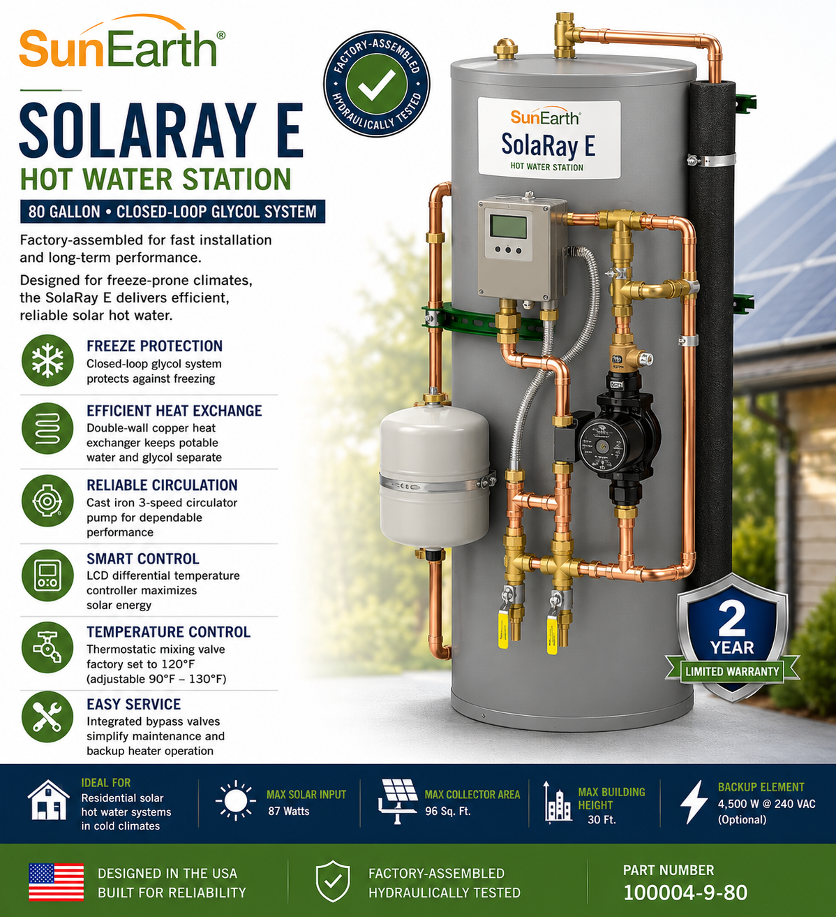 SunEarth SolaRay E Hot Water Station 80 Gallon