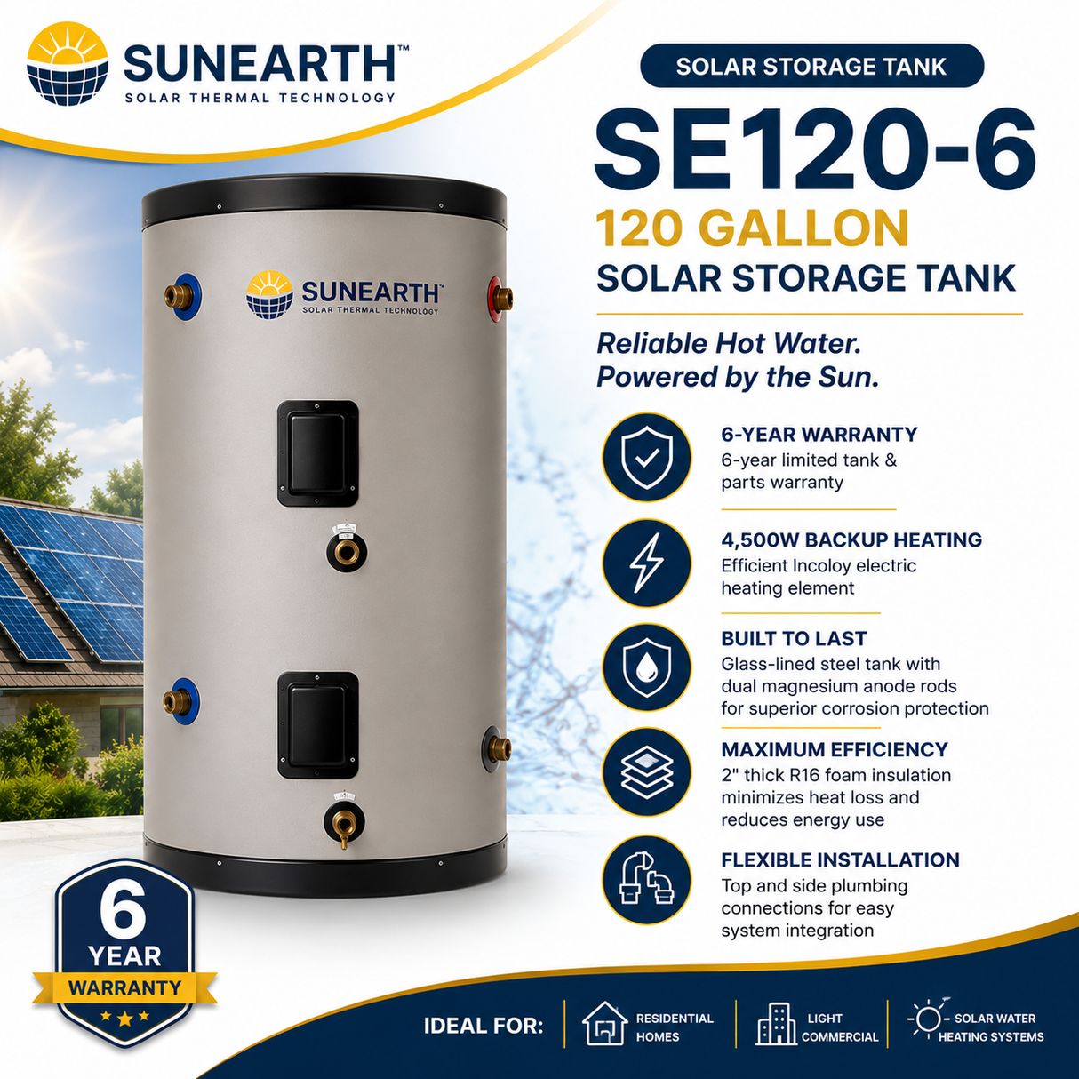 SunEarth SE 65/80/120‑Gallon Solar Storage Tank |6/12 Year Warranty