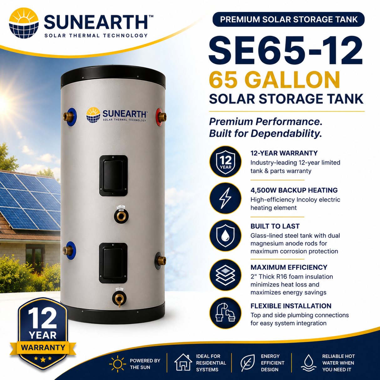 SunEarth SE 65/80/120‑Gallon Solar Storage Tank |6/12 Year Warranty