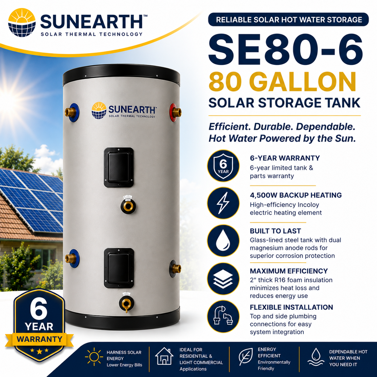 SunEarth SE 65/80/120‑Gallon Solar Storage Tank |6/12 Year Warranty