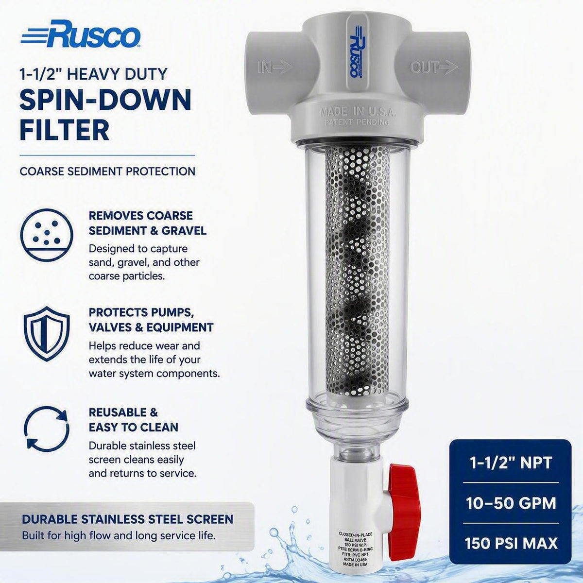 Rusco 1-1/2" Heavy Duty Spin-Down Filters | Reusable Sediment Protection