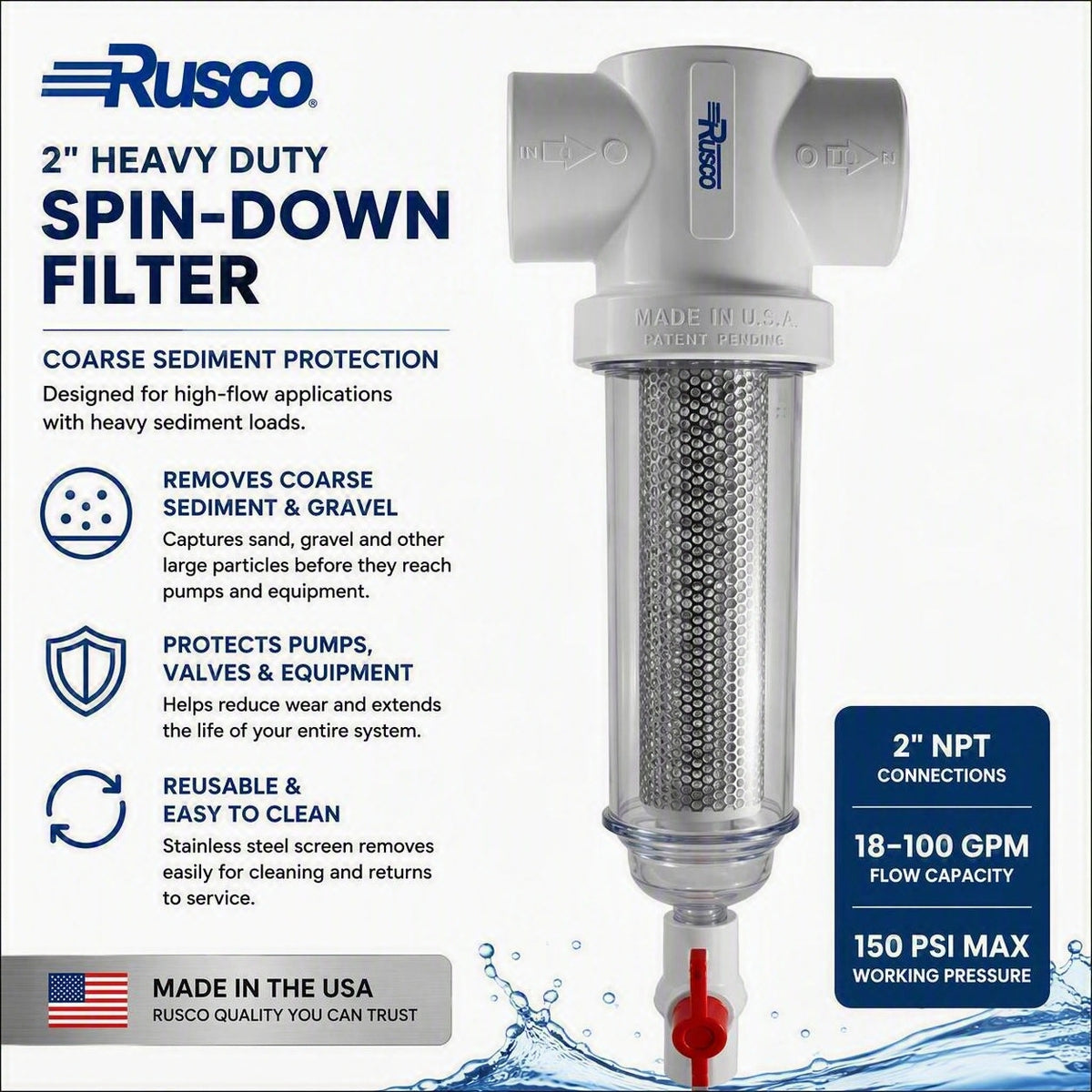 Rusco 2" Heavy Duty Spin-Down Sediment Water Filters with Stainless Steel Screens