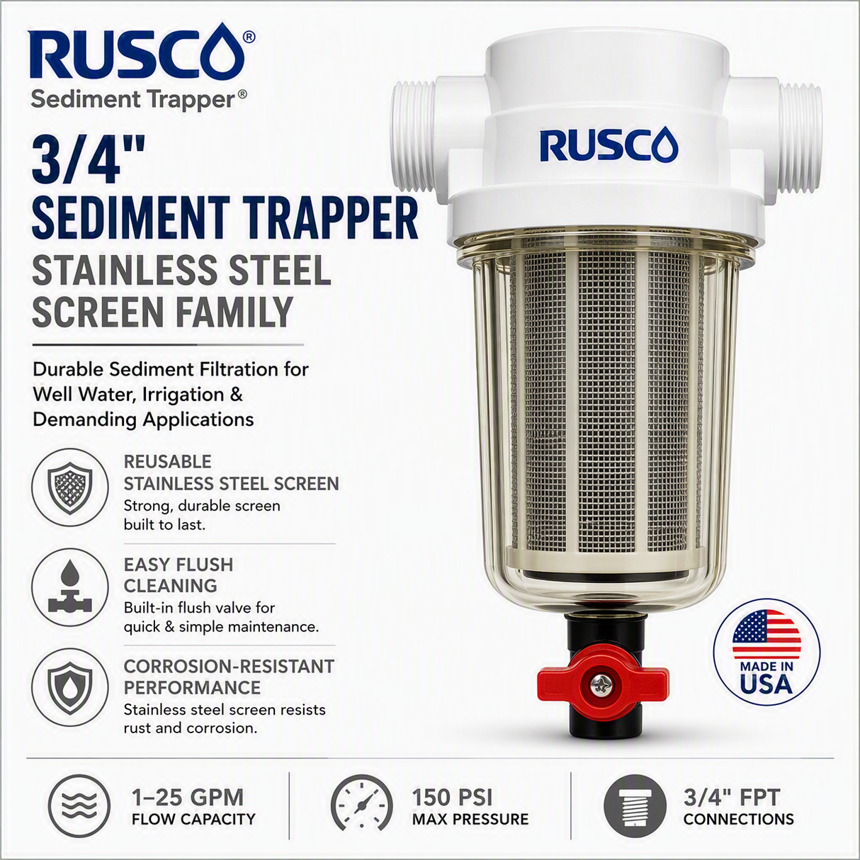 Rusco 3/4" Sediment Trapper Filters | Reusable Sediment Filtration Systems