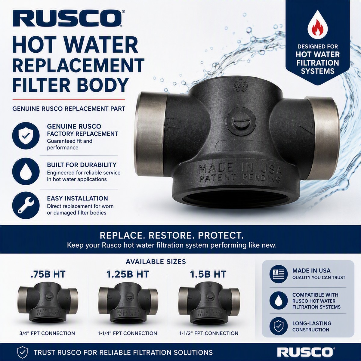 Rusco 3/4", 1-1/2", 1-1/4" Hot Water Replacement Filter Body | Replacement Housing