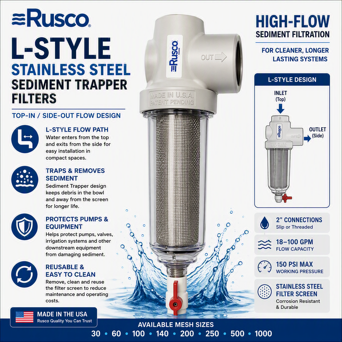 Rusco 2" L-Style Sediment Trapper Filters - Top-In Side-Out Filtration Systems
