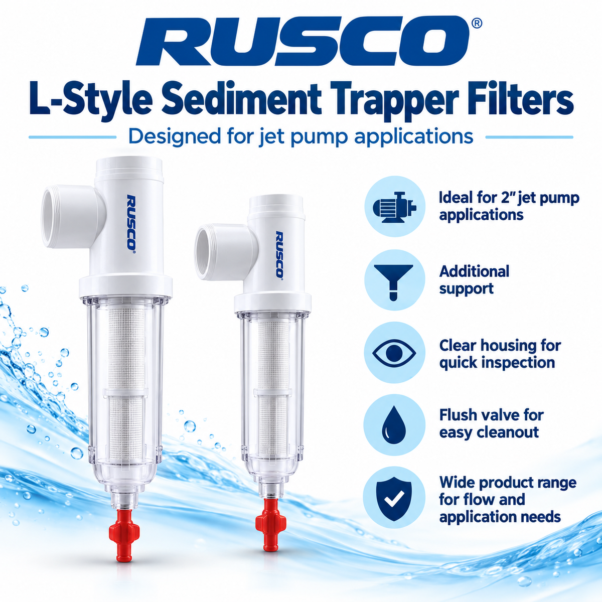 Rusco 1-1/2" L-Style Sediment Trapper Water Filters - Polyester & Stainless Steel Mesh Options