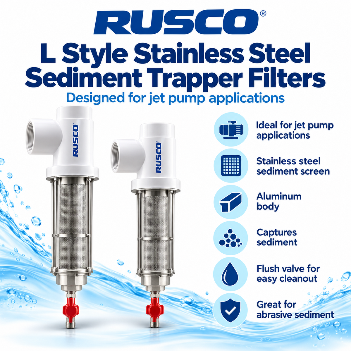 Rusco 1-1/2" L-Style Sediment Trapper Water Filters - Polyester & Stainless Steel Mesh Options