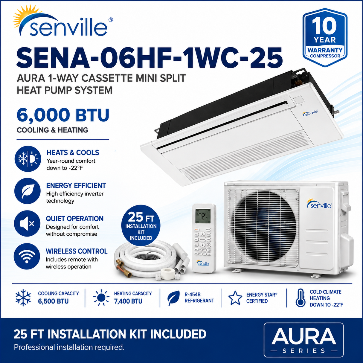 Senville AURA 1-Way Cassette Mini Split Heat Pumps | 6K–18K BTU