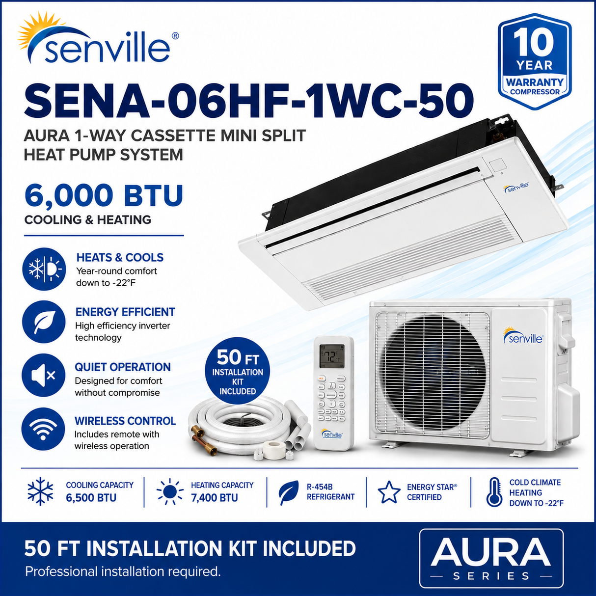 Senville AURA 1-Way Cassette Mini Split Heat Pumps | 6K–18K BTU