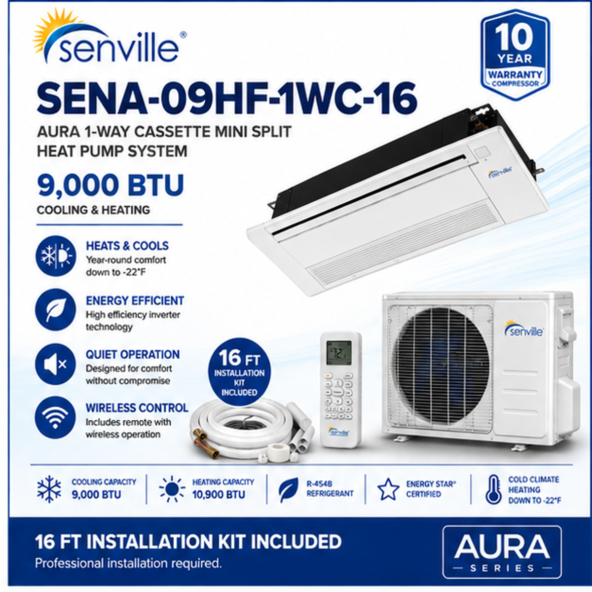 Senville AURA 1-Way Cassette Mini Split Heat Pumps | 6K–18K BTU