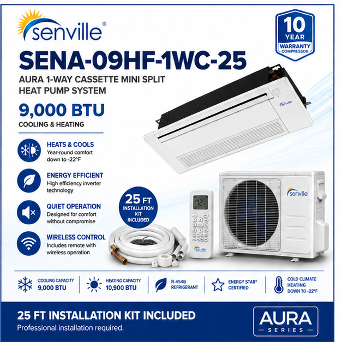 Senville AURA 1-Way Cassette Mini Split Heat Pumps | 6K–18K BTU