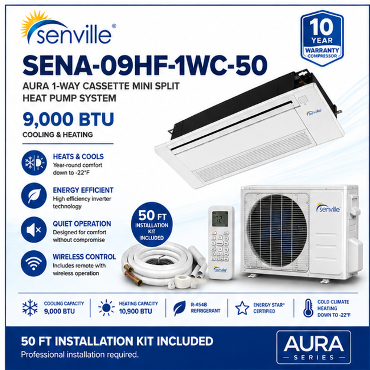 Senville AURA 1-Way Cassette Mini Split Heat Pumps | 6K–18K BTU