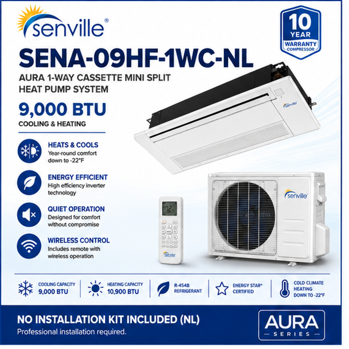 Senville AURA 1-Way Cassette Mini Split Heat Pumps | 6K–18K BTU