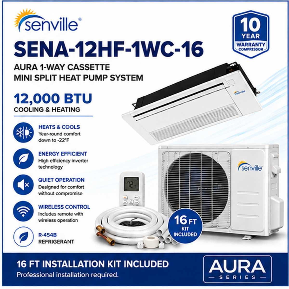 Senville AURA 1-Way Cassette Mini Split Heat Pumps | 6K–18K BTU