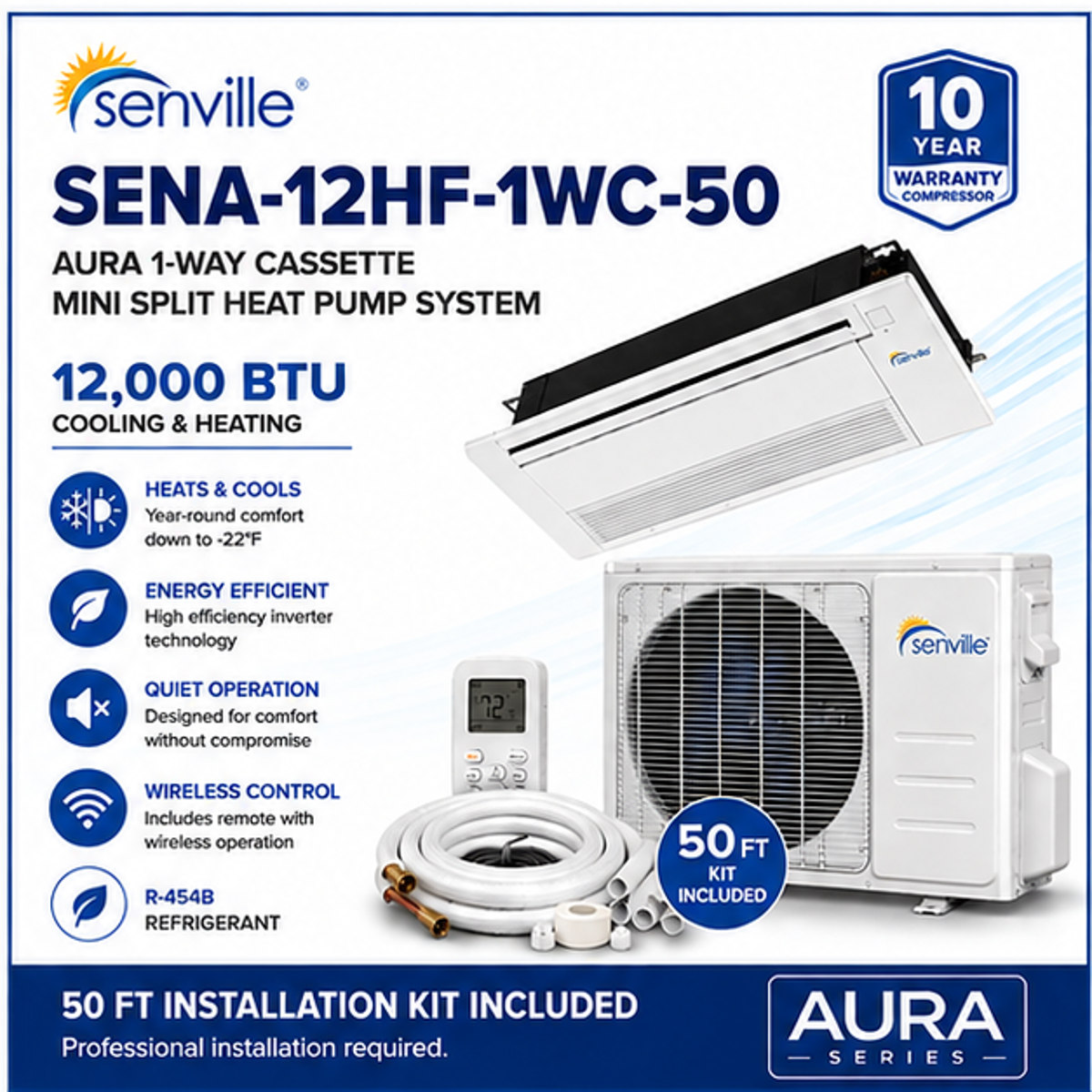 Senville AURA 1-Way Cassette Mini Split Heat Pumps | 6K–18K BTU