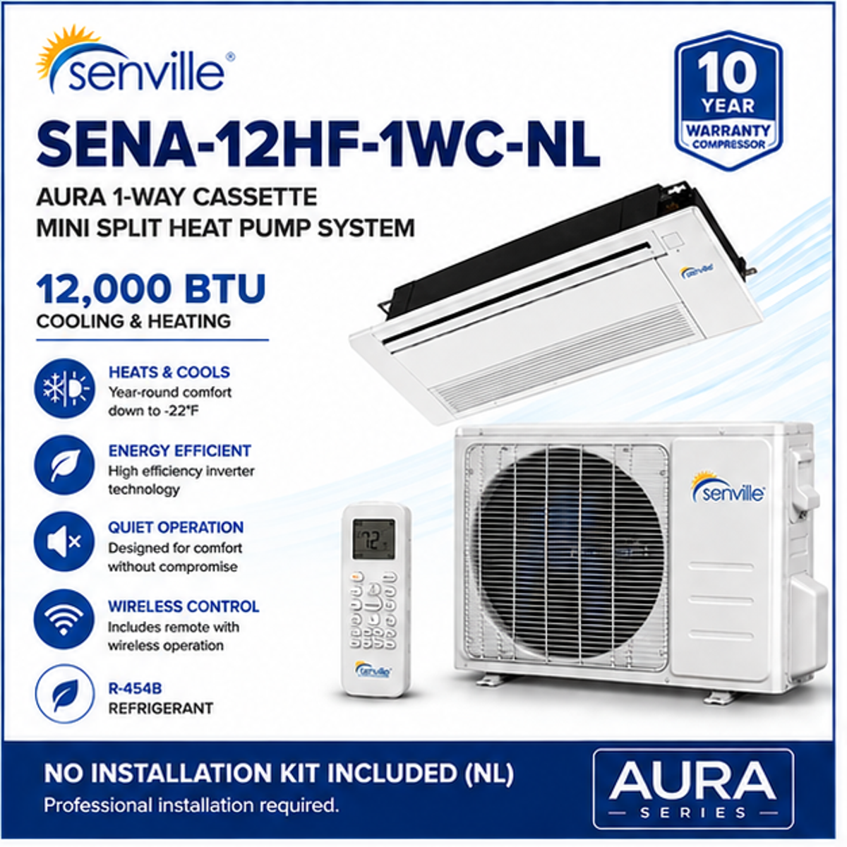 Senville AURA 1-Way Cassette Mini Split Heat Pumps | 6K–18K BTU
