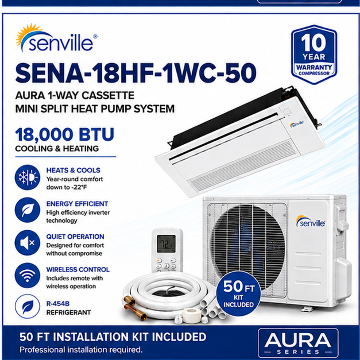 Senville AURA 1-Way Cassette Mini Split Heat Pumps | 6K–18K BTU