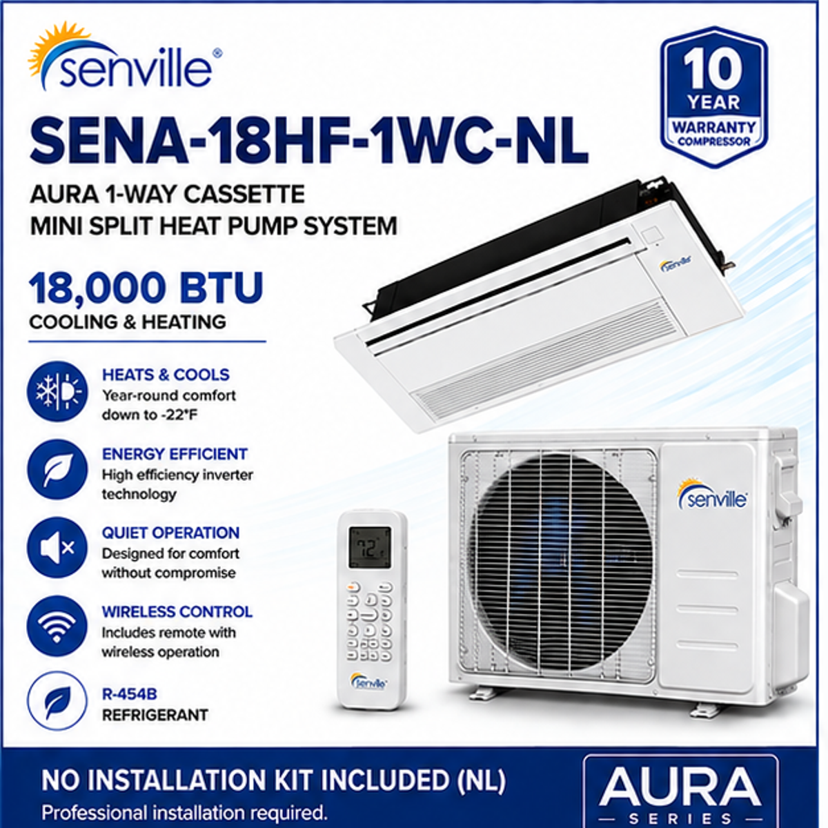 Senville AURA 1-Way Cassette Mini Split Heat Pumps | 6K–18K BTU