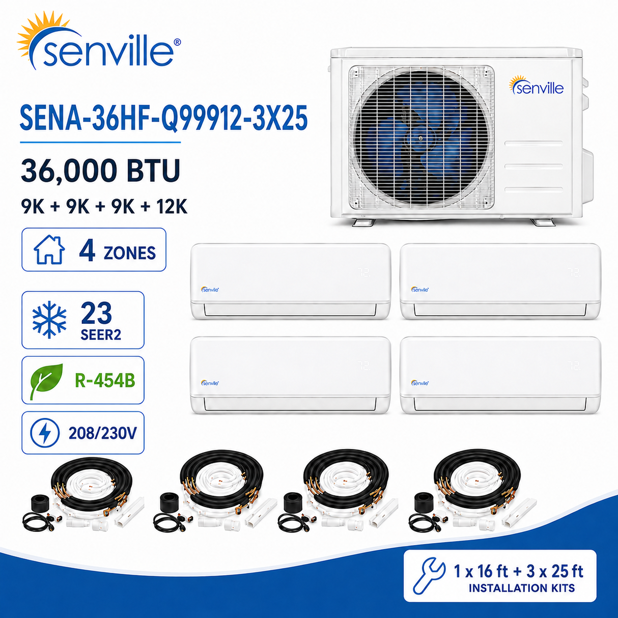 Senville AURA 36000 BTU Quad Zone Mini Split Air Conditioner - Heat Pump - SENA/36HF/Q