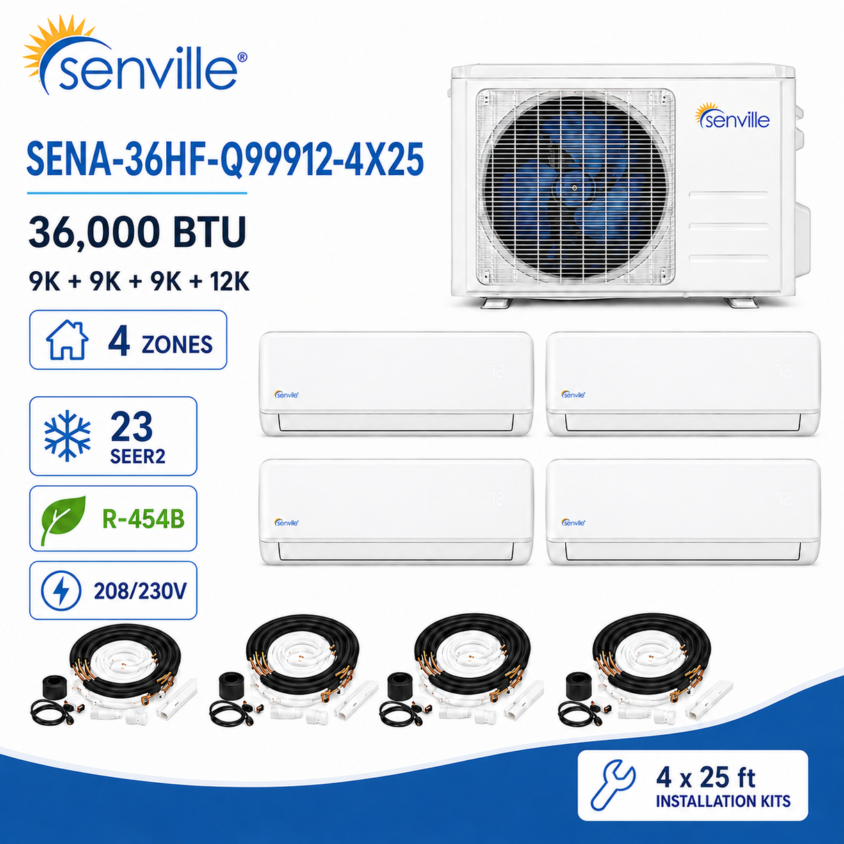 Senville AURA 36000 BTU Quad Zone Mini Split Air Conditioner - Heat Pump - SENA/36HF/Q