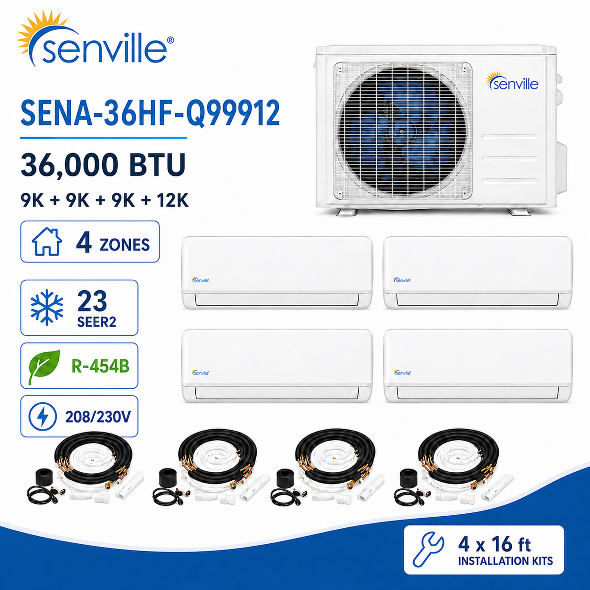 Senville AURA 36000 BTU Quad Zone Mini Split Air Conditioner - Heat Pump - SENA/36HF/Q