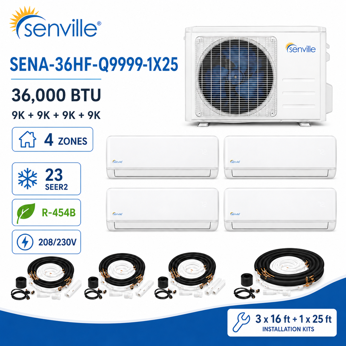 Senville AURA 36000 BTU Quad Zone Mini Split Air Conditioner - Heat Pump - SENA/36HF/Q