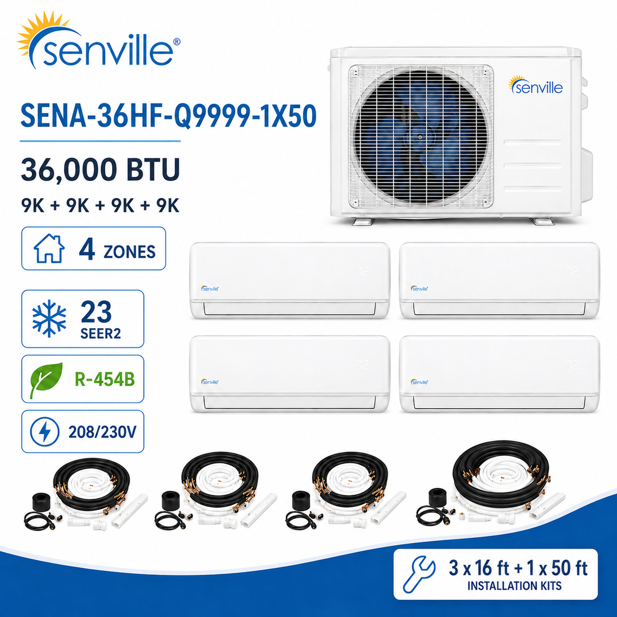 Senville AURA 36000 BTU Quad Zone Mini Split Air Conditioner - Heat Pump - SENA/36HF/Q