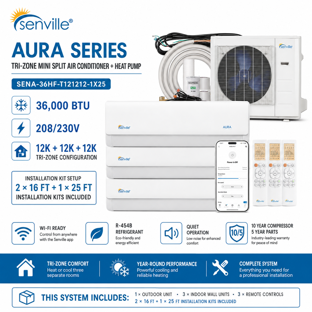 Senville AURA SENA-36HF-T 36,000 BTU Tri-Zone mini split AC Heat Pump systems