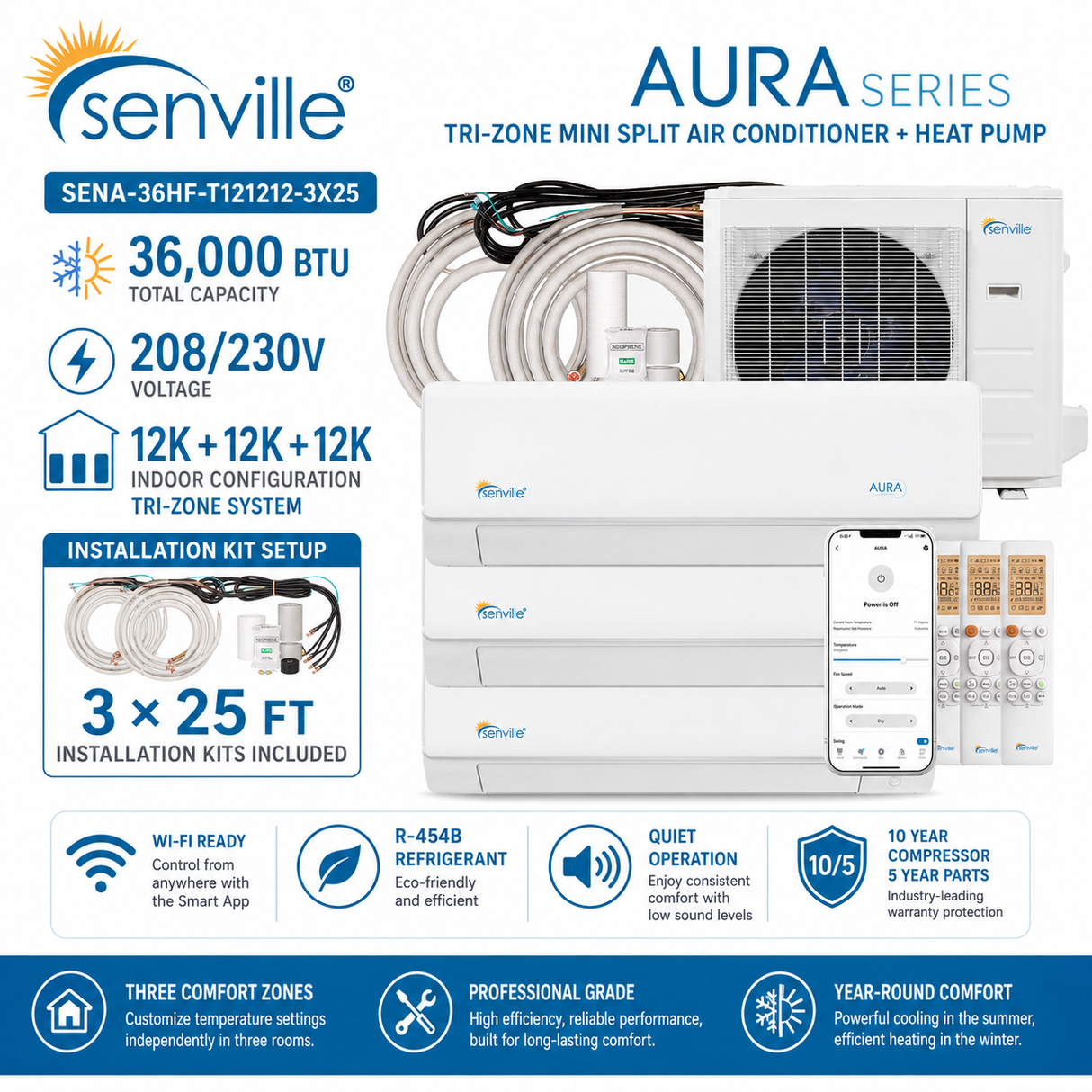 Senville AURA SENA-36HF-T 36,000 BTU Tri-Zone mini split AC Heat Pump systems