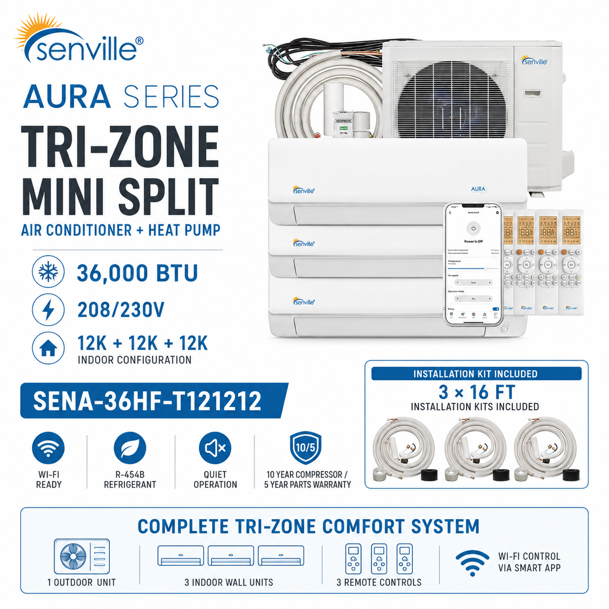 Senville AURA SENA-36HF-T 36,000 BTU Tri-Zone mini split AC Heat Pump systems